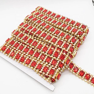 luxury crystal red stone trims rhinestone chain trim yard in gold
