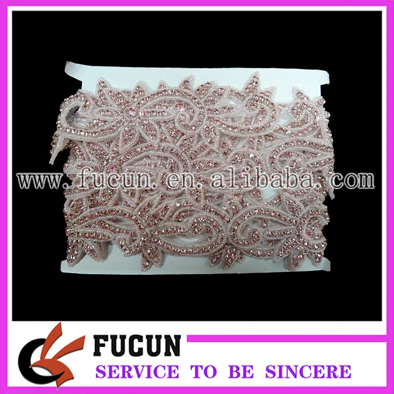 Hot sale latest pink rhinestone beads applique bridal trim for wedding dresses China manufacturer