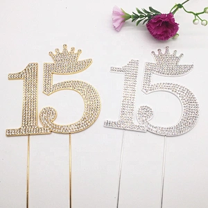Silver and Gold Crystal Rhinestone 15th Happy Birthday Tiara Crown Cake Topper