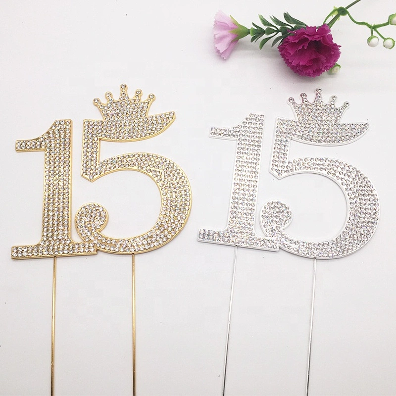 Silver and Gold Crystal Rhinestone 15th Happy Birthday Tiara Crown Cake Topper
