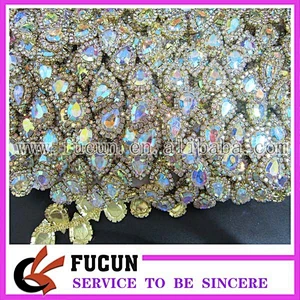 Bridal Show Costume Applique AB Clear Glass Rhinestone GOLD Chain Trim
