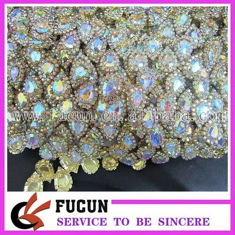Bridal Show Costume Applique AB Clear Glass Rhinestone GOLD Chain Trim
