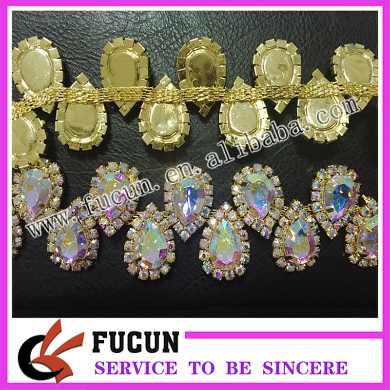 Bridal Show Costume Applique AB Clear Glass Rhinestone GOLD Chain Trim