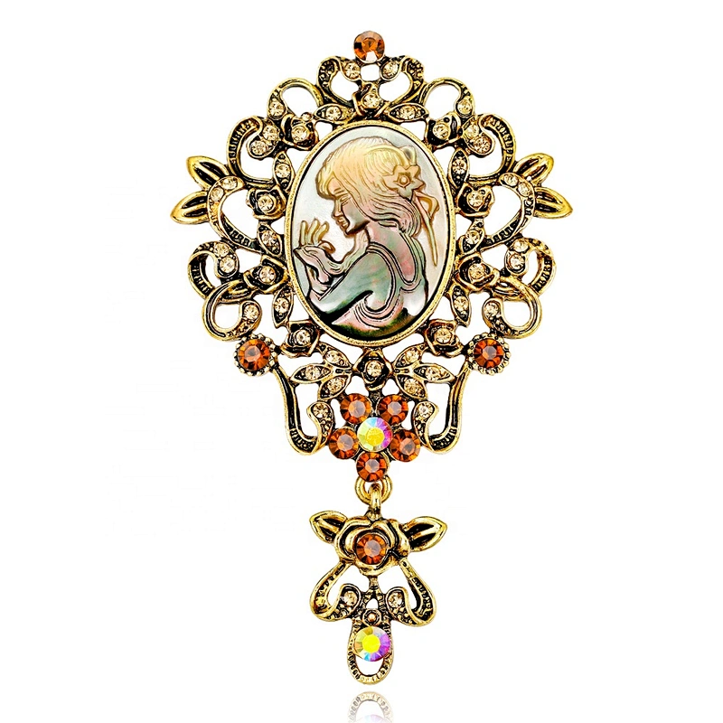 New arrival!! Vintage Style Shell Lady Head Brooch Antique Gold Brooch