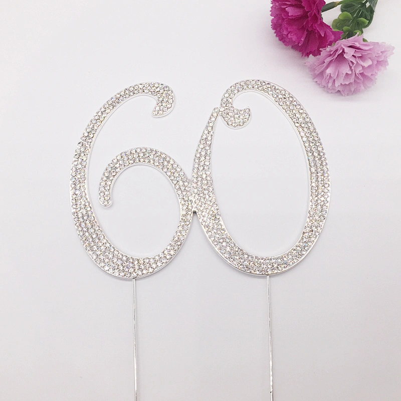 Top Selling Cake Party Accessories Sliver Rhinestone 60th Anniversary Birthday Cake Topper