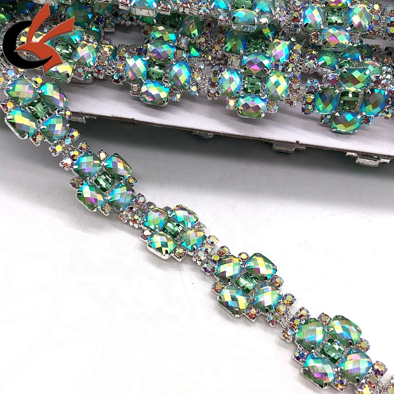 Unique light green AB crystal colors metal chain trimming for costume decoration