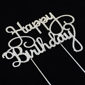 Happy Birthday Cake Topper Silver Metal with Crystal Rhinestones for Birthday Party Decorations
