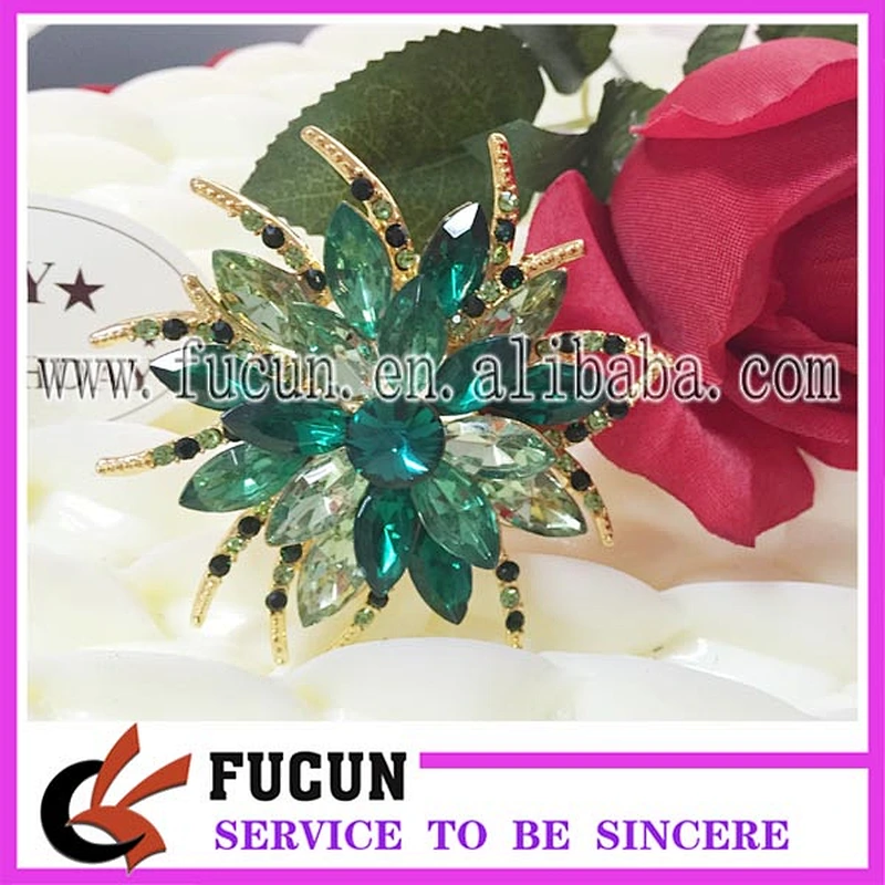 Factory custom handmade bulk fashion jewelry green lotus flower rhinestone brooches