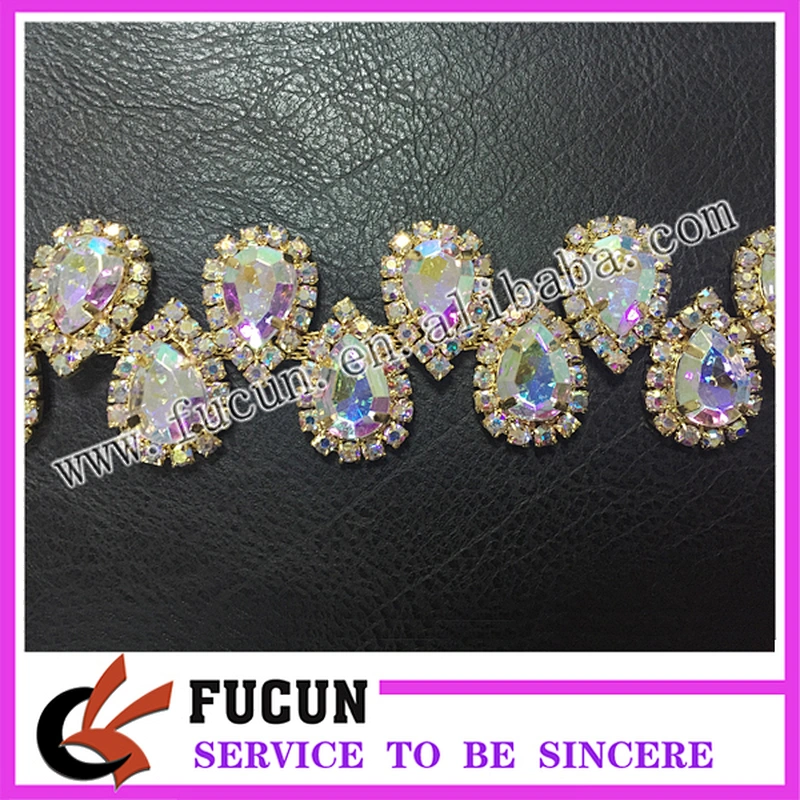 Bridal Show Costume Applique AB Clear Glass Rhinestone GOLD Chain Trim