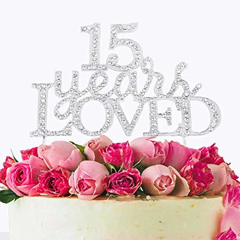 shinning crystal style  15 years loved cake topper  silver