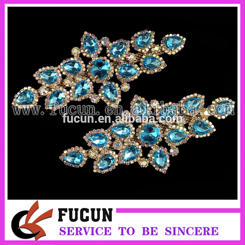 Gold base crystal beaded motif rhinestone applique for bridal