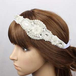 Vintage Hand Crafted Rhinestones Beaded Hair Ribbon Flower Bridal Hair Band Applique Patch