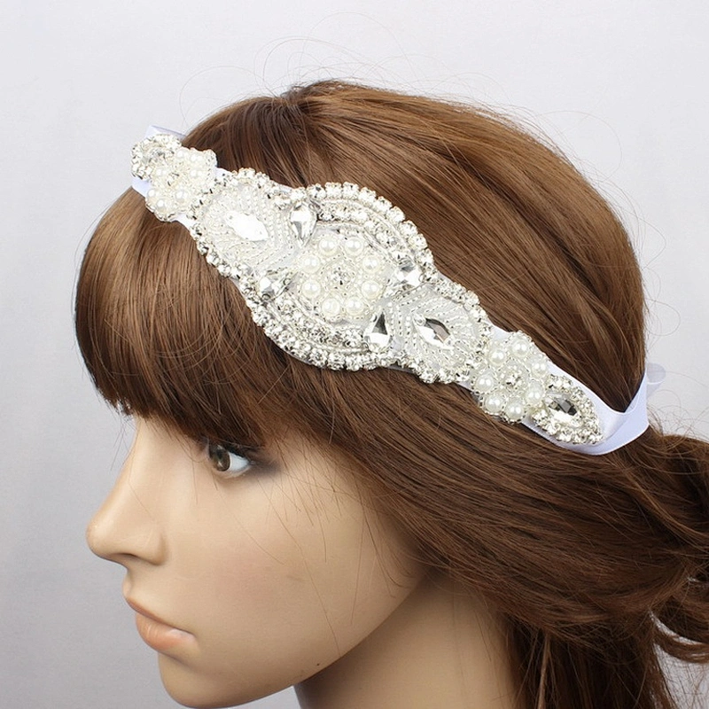 Vintage Hand Crafted Rhinestones Beaded Hair Ribbon Flower Bridal Hair Band Applique Patch
