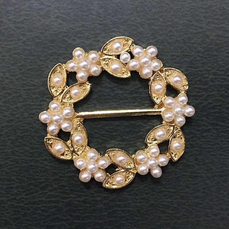 gold plating pearl flower round sash slider metal buckle for wedding party decoration