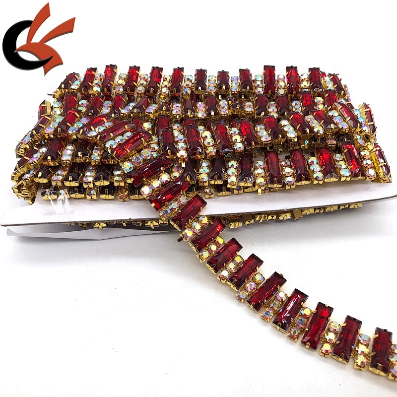 Costume Applique Red crystal rhinestone golden Trimming chain