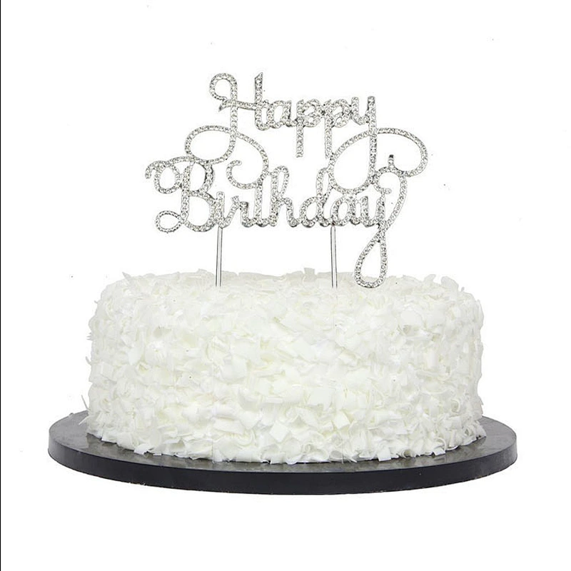 Happy Birthday Cake Topper Silver Metal with Crystal Rhinestones for Birthday Party Decorations