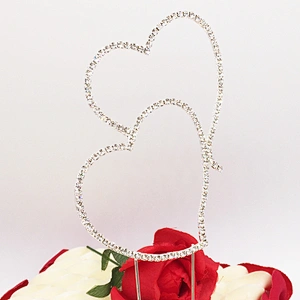 Delicate Two Double Hearts Decoration Wedding Engagement Rhinestone Crystal Cake Toppers
