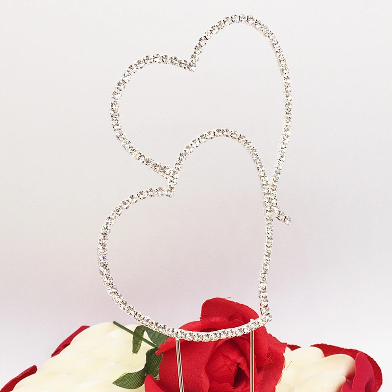 Delicate Two Double Hearts Decoration Wedding Engagement Rhinestone Crystal Cake Toppers