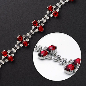 20 Yards Red Lace Flower Shape Chain Trimming Clothing Decorations Bridal Rhinestone Trim for Sewing