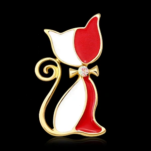 gold tone animal AB clear white and red enamel cat brooch pin