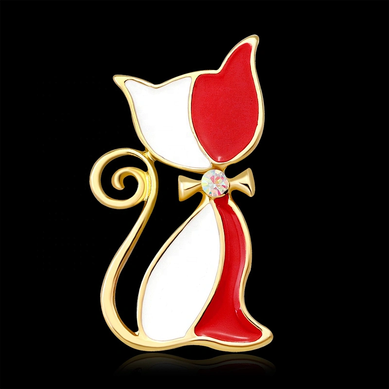gold tone animal AB clear white and red enamel cat brooch pin