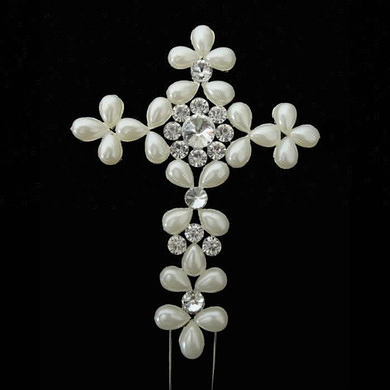 Large clear Rhinestone ivory pearl Cross Christening Cake Topper cake Decoration
