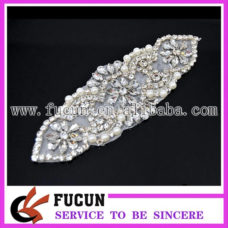 Crystal Rhinestone Floral Applique Silver Patch DIY Bridal SASH