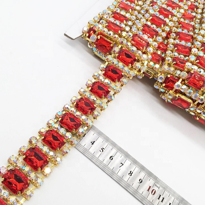 luxury crystal red stone trims rhinestone chain trim yard in gold