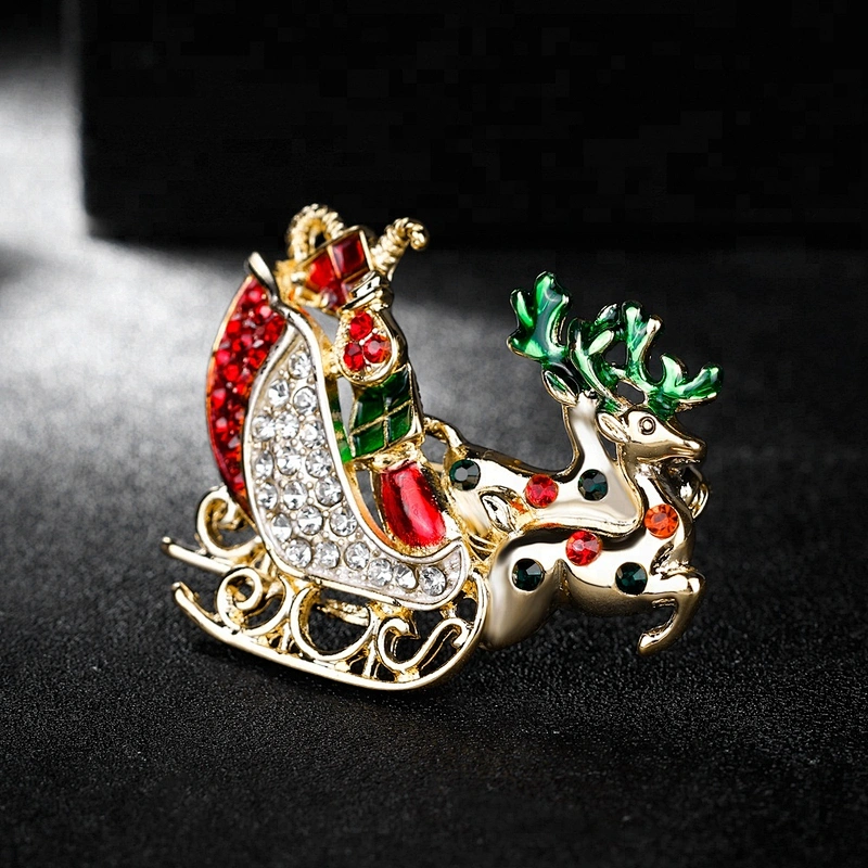 Vintage Rhinestone Deer and sleigh Christmas Holiday Brooch Pin