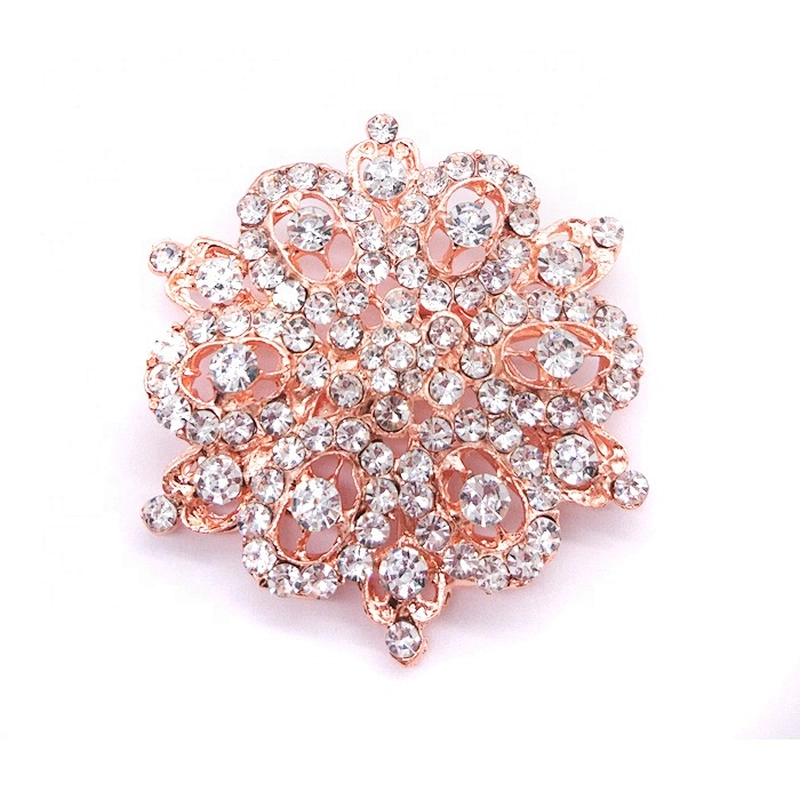 Big Rose Gold Crystal Rhinestone Flower Brooch Pin