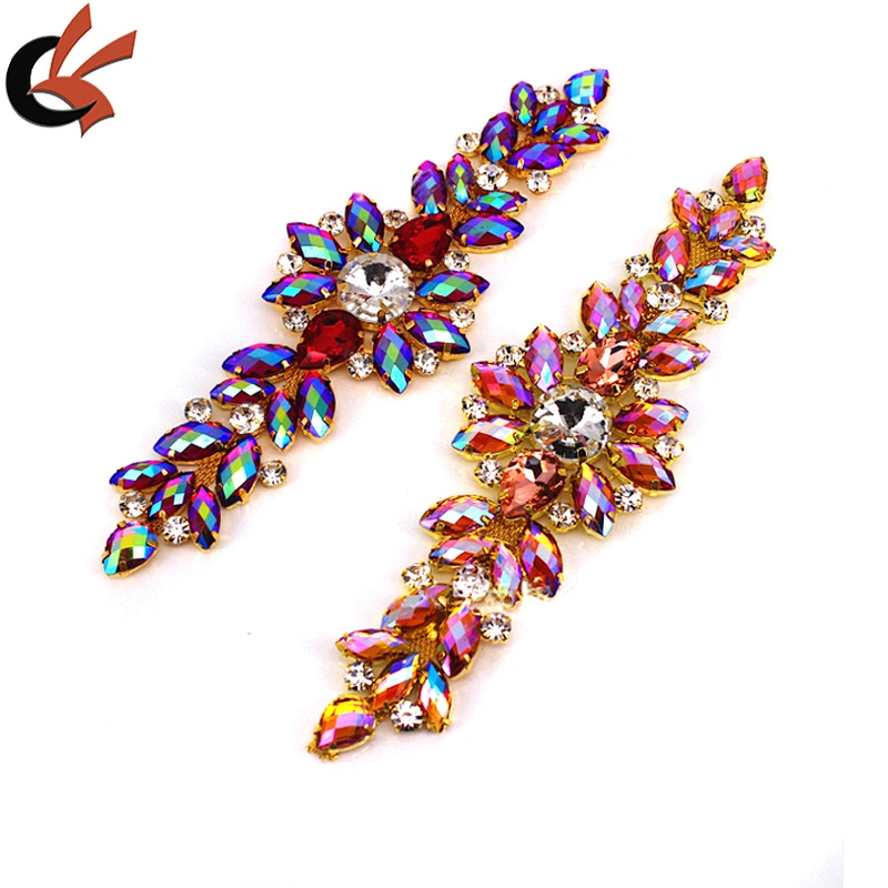 18.2*5.5CM AB Resin rhinestone applique Gold Base wedding Dress Belt Applique