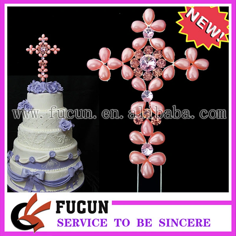 7'' blue Pearl Diamante Bling Religious Cross Cake Topper - Baptism / Christening