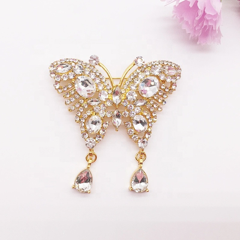 Clear Crystal Diamante Gold Plated Butterfly Brooch Pins for DIY Wedding Bridal Bouquets