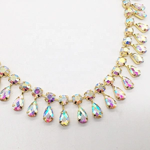 cheap price fashion bulk gold plating AB stone rhinestone trimming by yard for garment decors