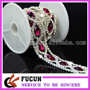 Gold Metal Crystal Rhinestone Chain Fuchsia Drop shaped Costume Trim Sewing Applique