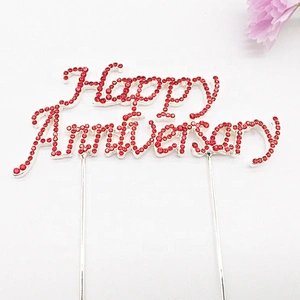 Factory Party Decoration Red Rhinestone Material Happy Anniversary Cake Topper