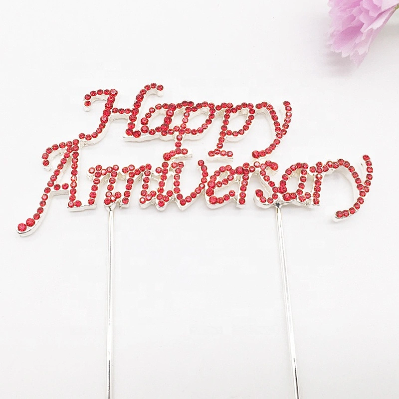Factory Party Decoration Red Rhinestone Material Happy Anniversary Cake Topper