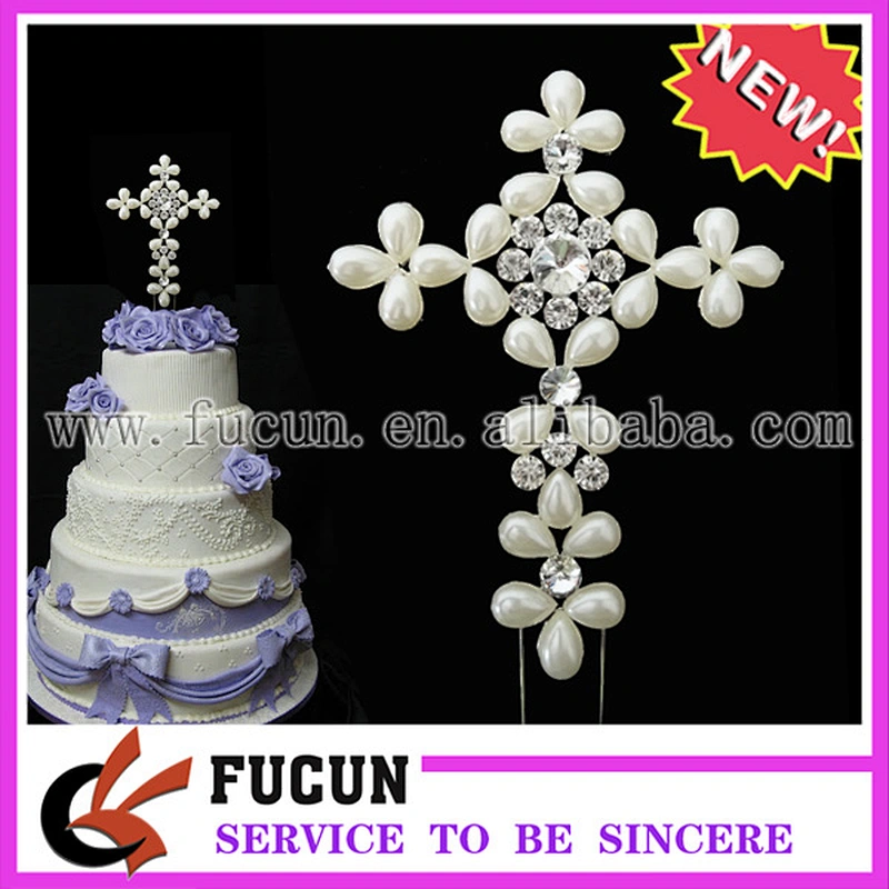 7'' blue Pearl Diamante Bling Religious Cross Cake Topper - Baptism / Christening