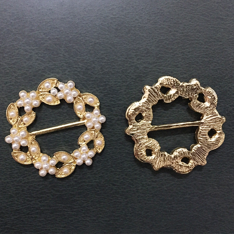 gold plating pearl flower round sash slider metal buckle for wedding party decoration
