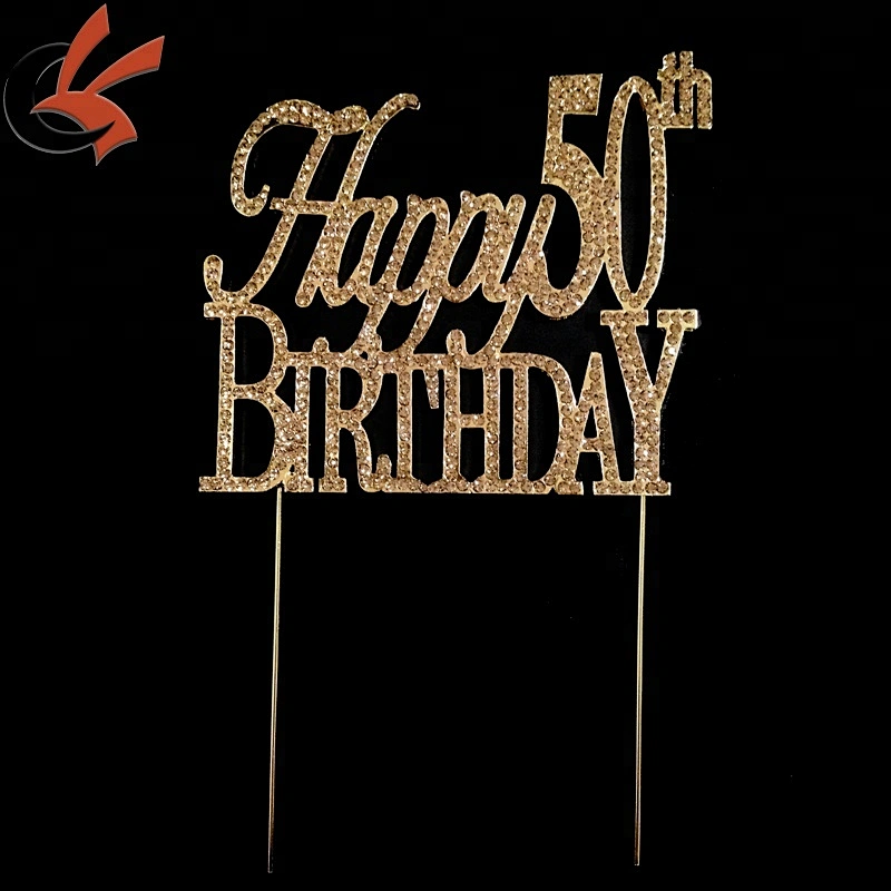 Large Sparkling gold Rhinestone 50th Happy Birthday Cake Topper