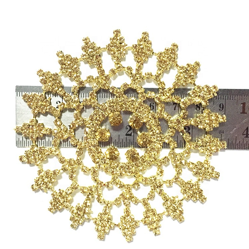 9cm handmade round shape special design gold topaz rhinestone applique patches for clothes