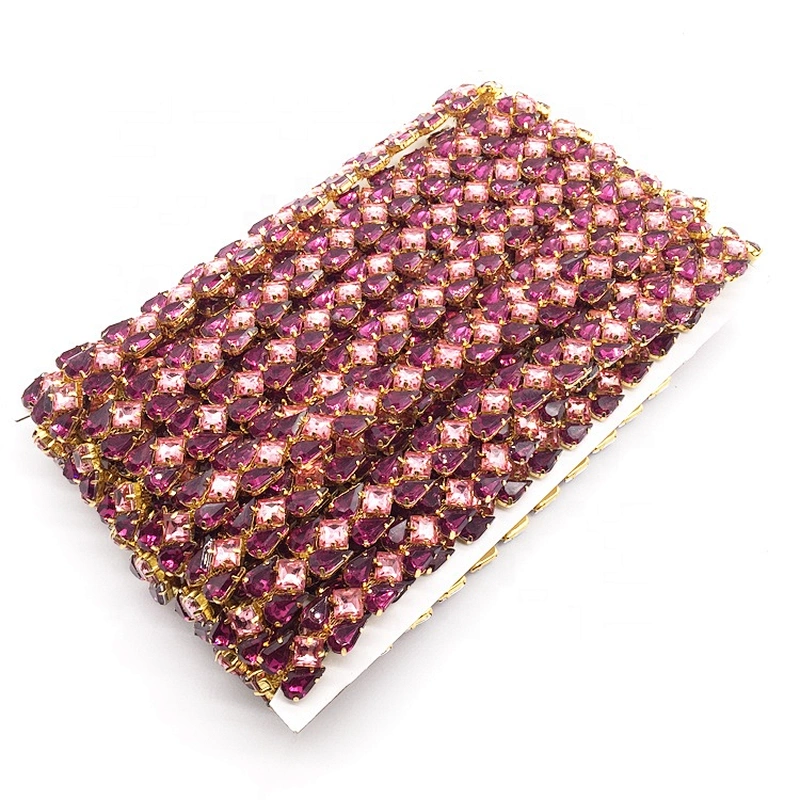 2020 New Design Mix Colour Purple Acrylic Rhinestone Lace Fabric Trim for Sewing Clothes