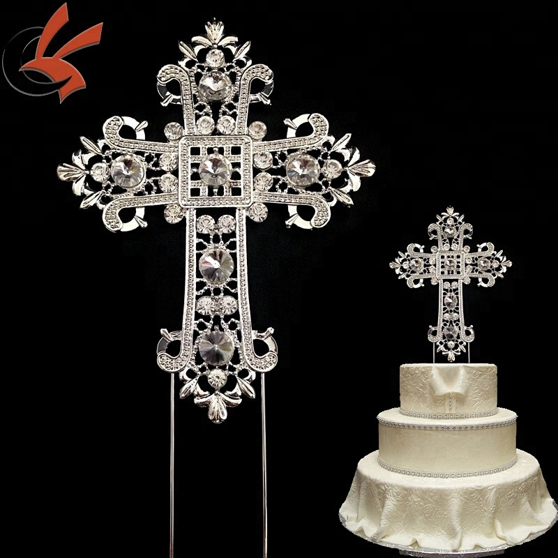 Cross Rhinestone Crystal Silver Cake Decoration Topper For Wedding