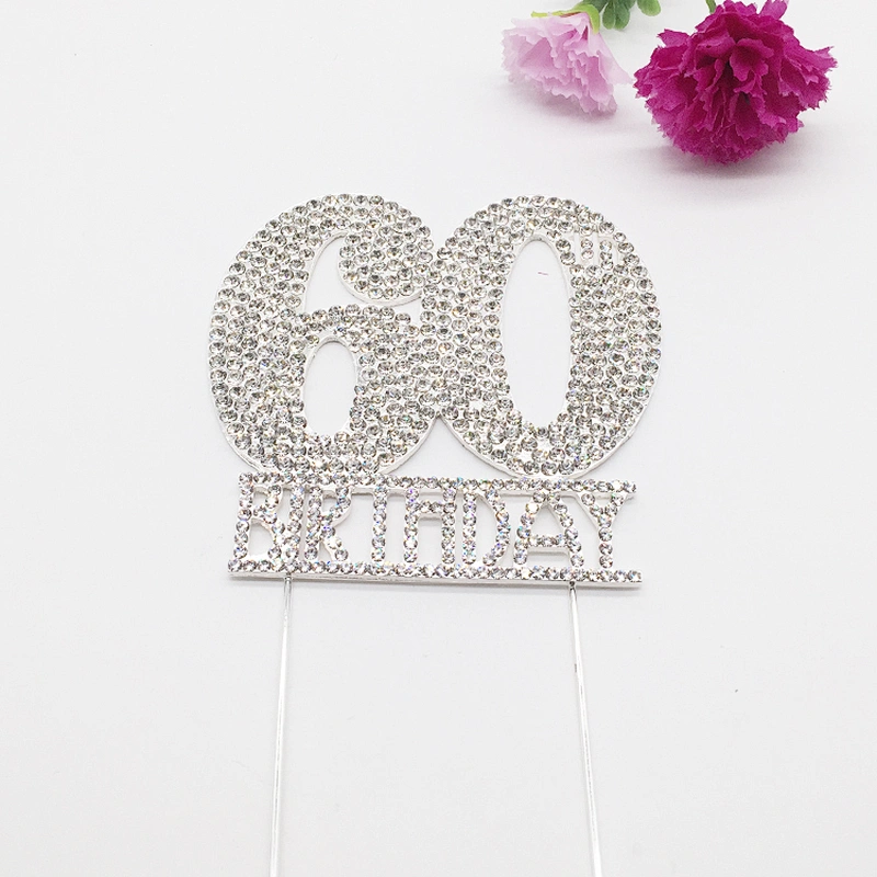 Crystal Rhinestone Full Rhinestone 60th Silver Plating Birthday Cake Topper Decoration
