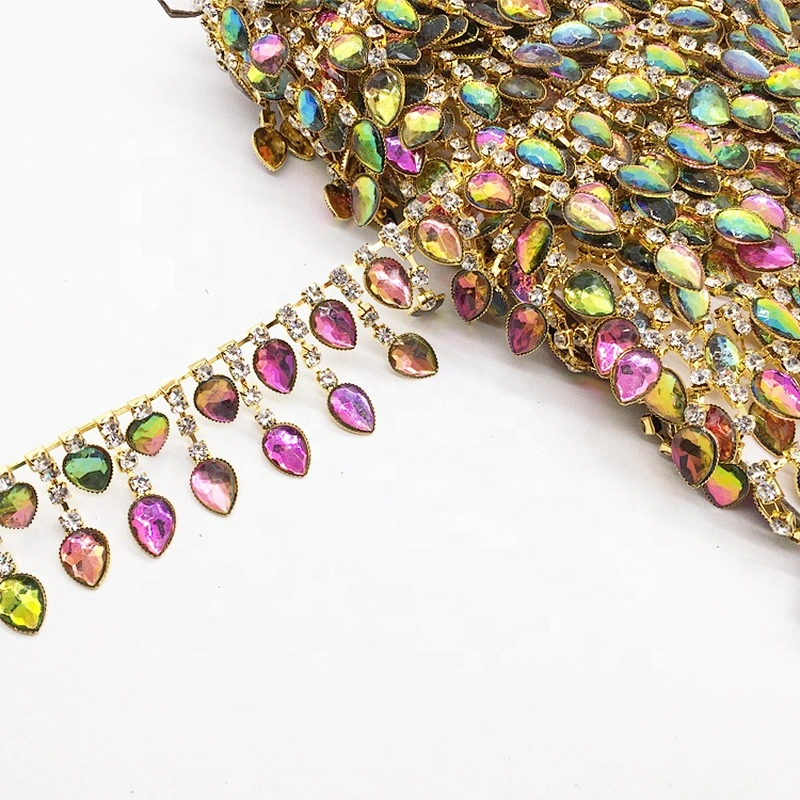 Sew on water drop resin rhinestone pendant chain trimming for bridal dress clothing garment