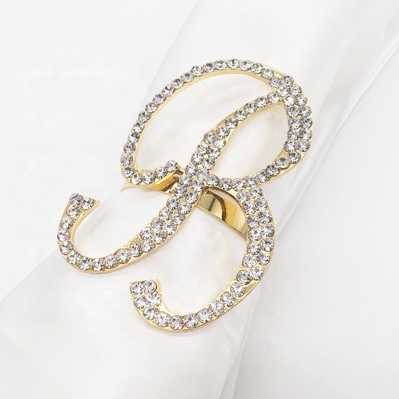 Metal crystal napkin rings gold plated alphabet rhinestone napkin ring for customs