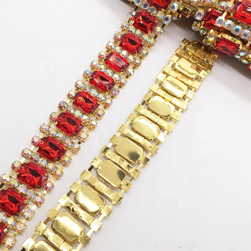 luxury crystal red stone trims rhinestone chain trim yard in gold