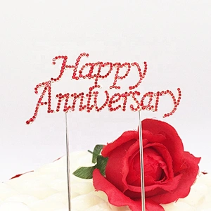 Factory Party Decoration Red Rhinestone Material Happy Anniversary Cake Topper