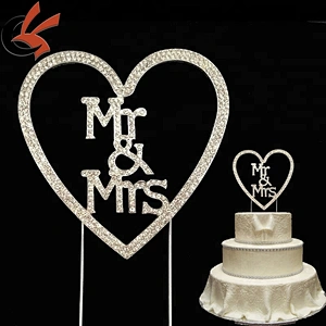 Hot Wedding Anniversary Decoration Rhinestone Silver Mr & Mrs in Heart Cake Topper