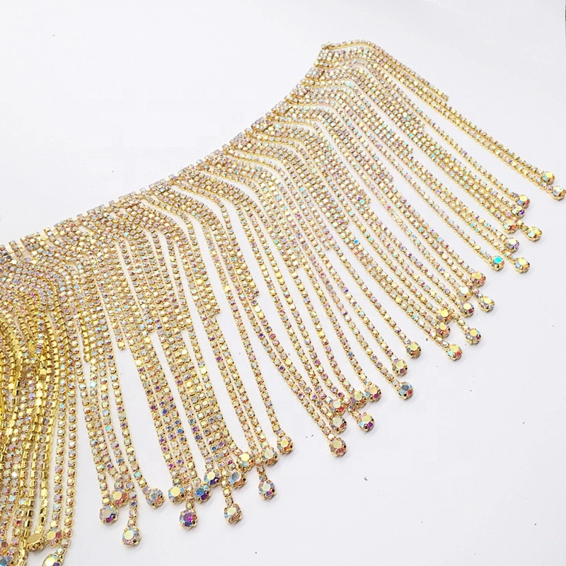 China factory fashion latin dance dress gold long pattern rhinestone pendant trims chain